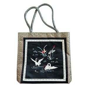 Vintage Gorgeous Asian Silk Embroidered Tote Bag Purse with Birds & Flowers